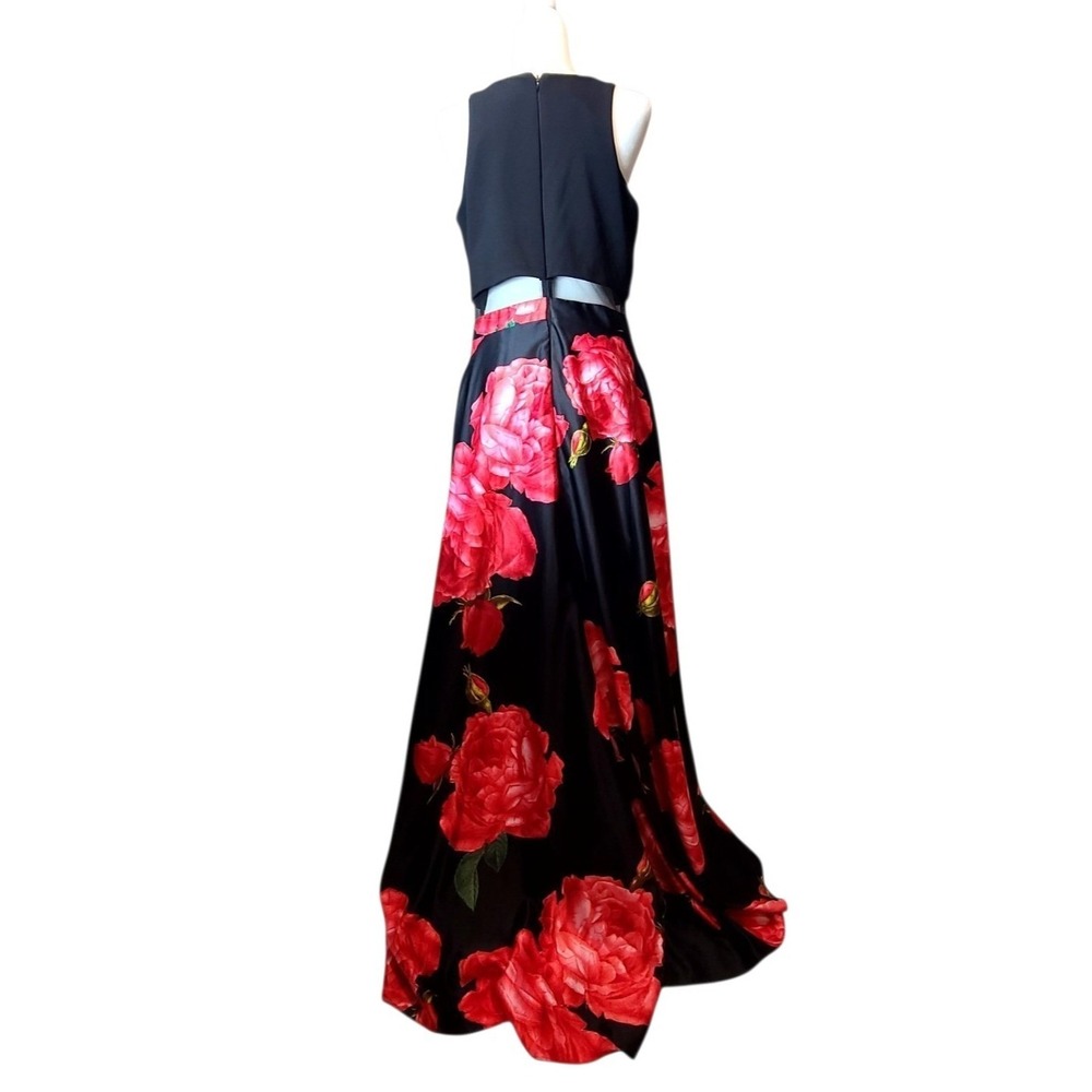 Betsy & Adam Black Floral Rose High Low Gown Mesh Waist Illusion Dress Size 12